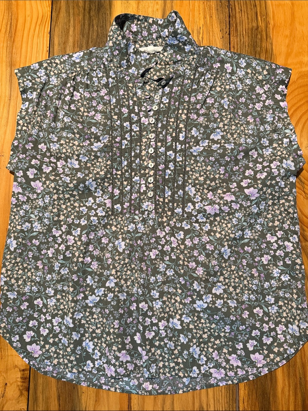 Lucky Brand Olive Floral Pintuck Button-Front Blouse Cap Sleeves, Women’s Size M